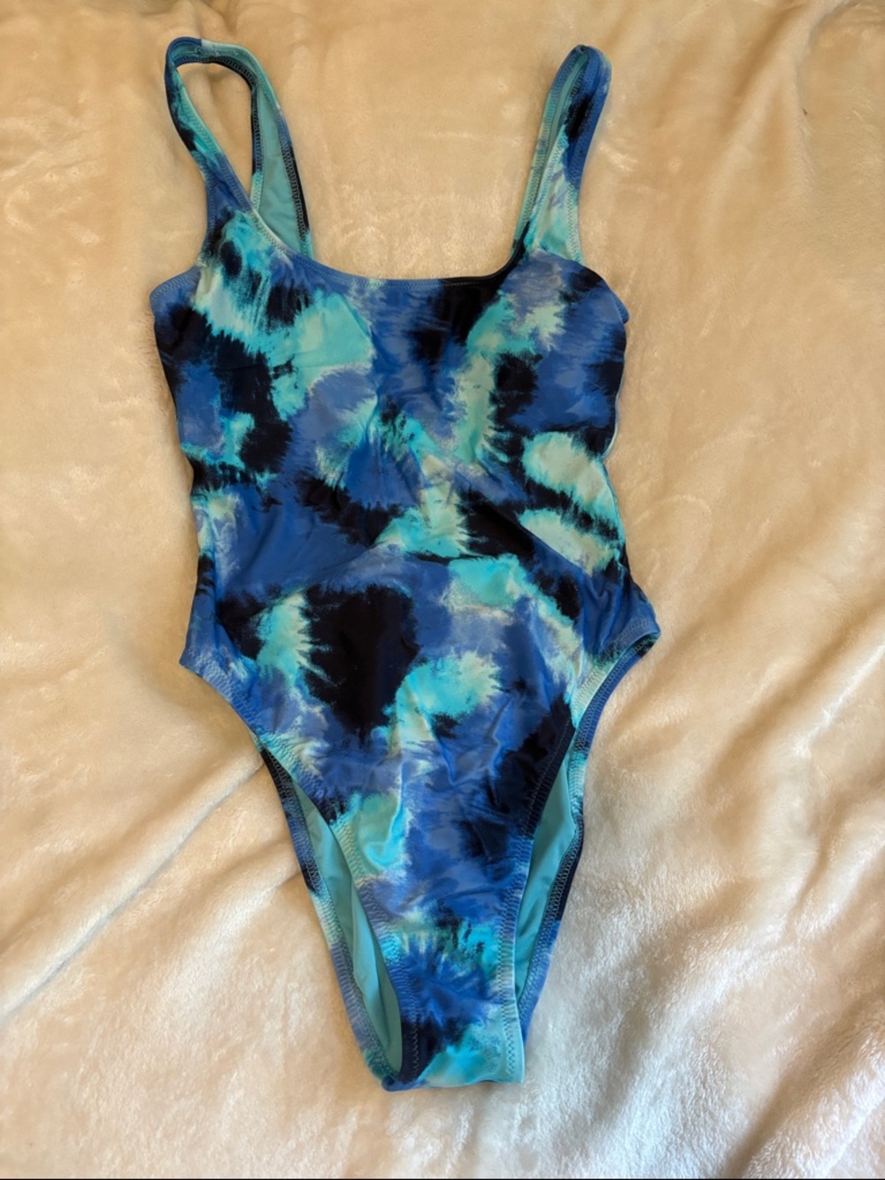 Aerie High Hip/Low Back Blue & Teal Tie-Dye One-Piece Swimsuit